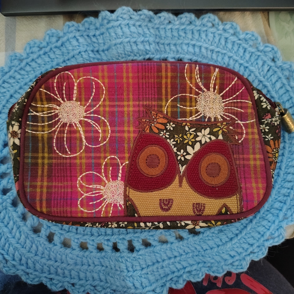 Stylish Pink and Brown Cosmetic Bag with Eclectic Design